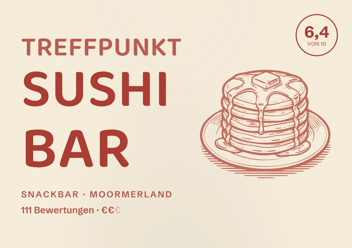 Illustriertes Poster von Treffpunkt Sushi Bar, Snackbar in Moormerland: Bewertung 6,4 von 10 aus 111 Bewertungen, Preisniveau €€
