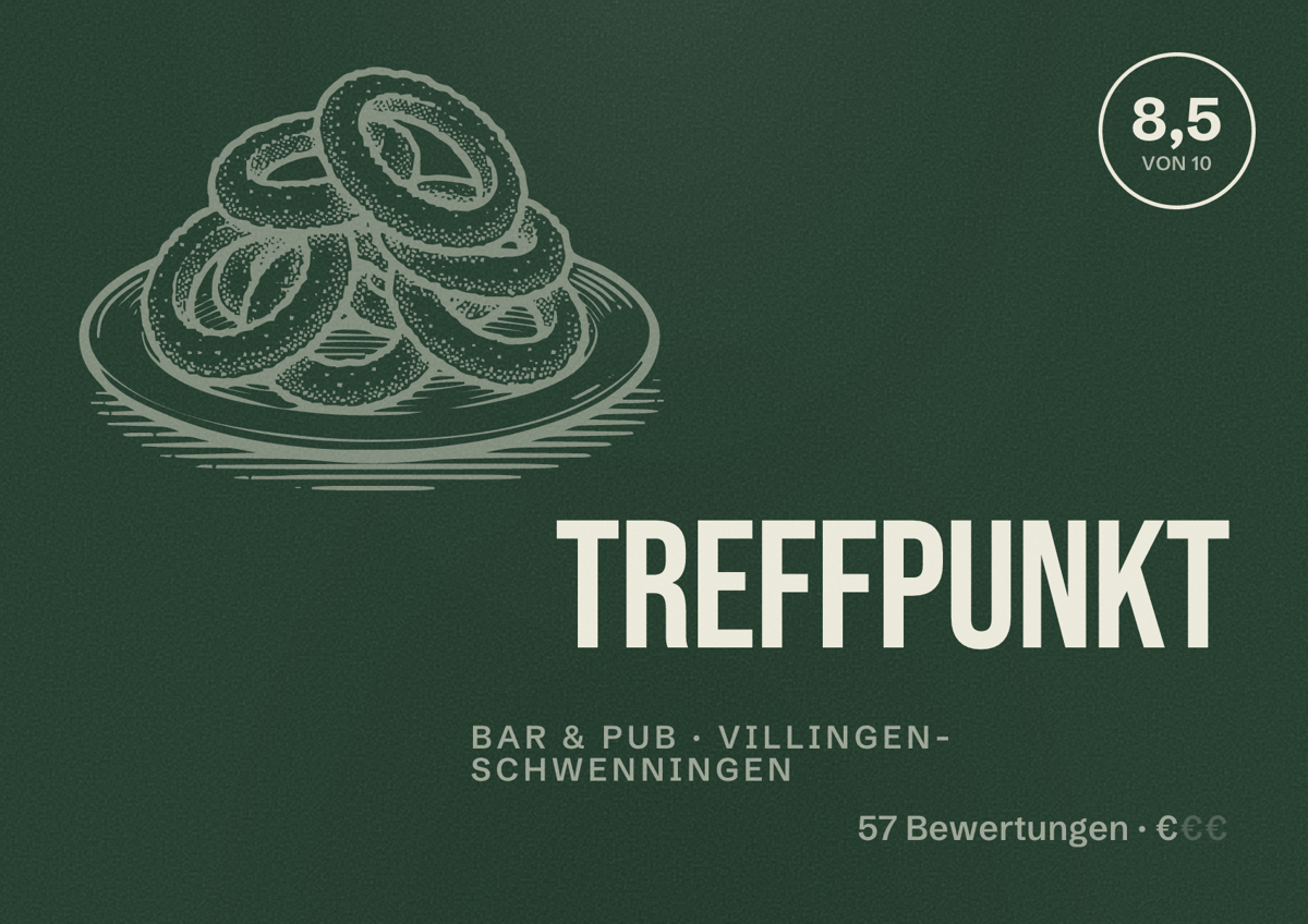 Illustriertes Poster von Treffpunkt, Bar & Pub in Villingen-Schwenningen: Bewertung 8,5 von 10 aus 57 Bewertungen, Preisniveau €