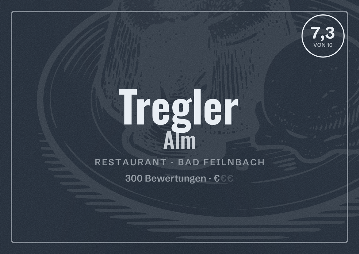 Illustriertes Poster von Tregler Alm, Restaurant in Bad Feilnbach: Bewertung 7,3 von 10 aus 300 Bewertungen, Preisniveau €