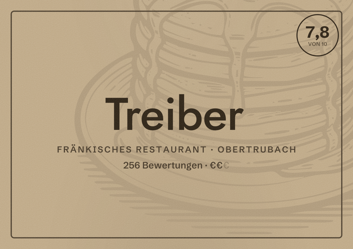 Illustriertes Poster von Treiber, Fränkisches Restaurant in Obertrubach: Bewertung 7,8 von 10 aus 256 Bewertungen, Preisniveau €€