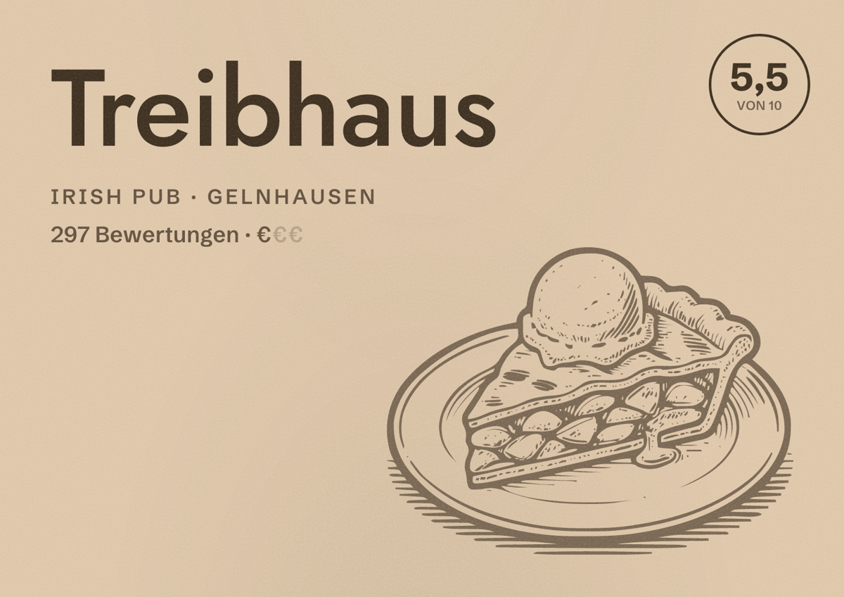 Illustriertes Poster von Treibhaus, Irish Pub in Gelnhausen: Bewertung 5,5 von 10 aus 297 Bewertungen, Preisniveau €