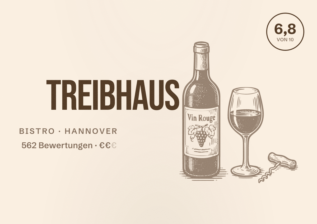 Illustriertes Poster von Treibhaus, Bistro in Hannover: Bewertung 6,8 von 10 aus 562 Bewertungen, Preisniveau €€
