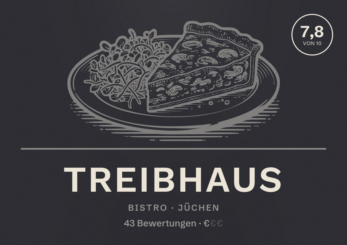 Illustriertes Poster von Treibhaus, Bistro in Jüchen: Bewertung 7,8 von 10 aus 43 Bewertungen, Preisniveau €