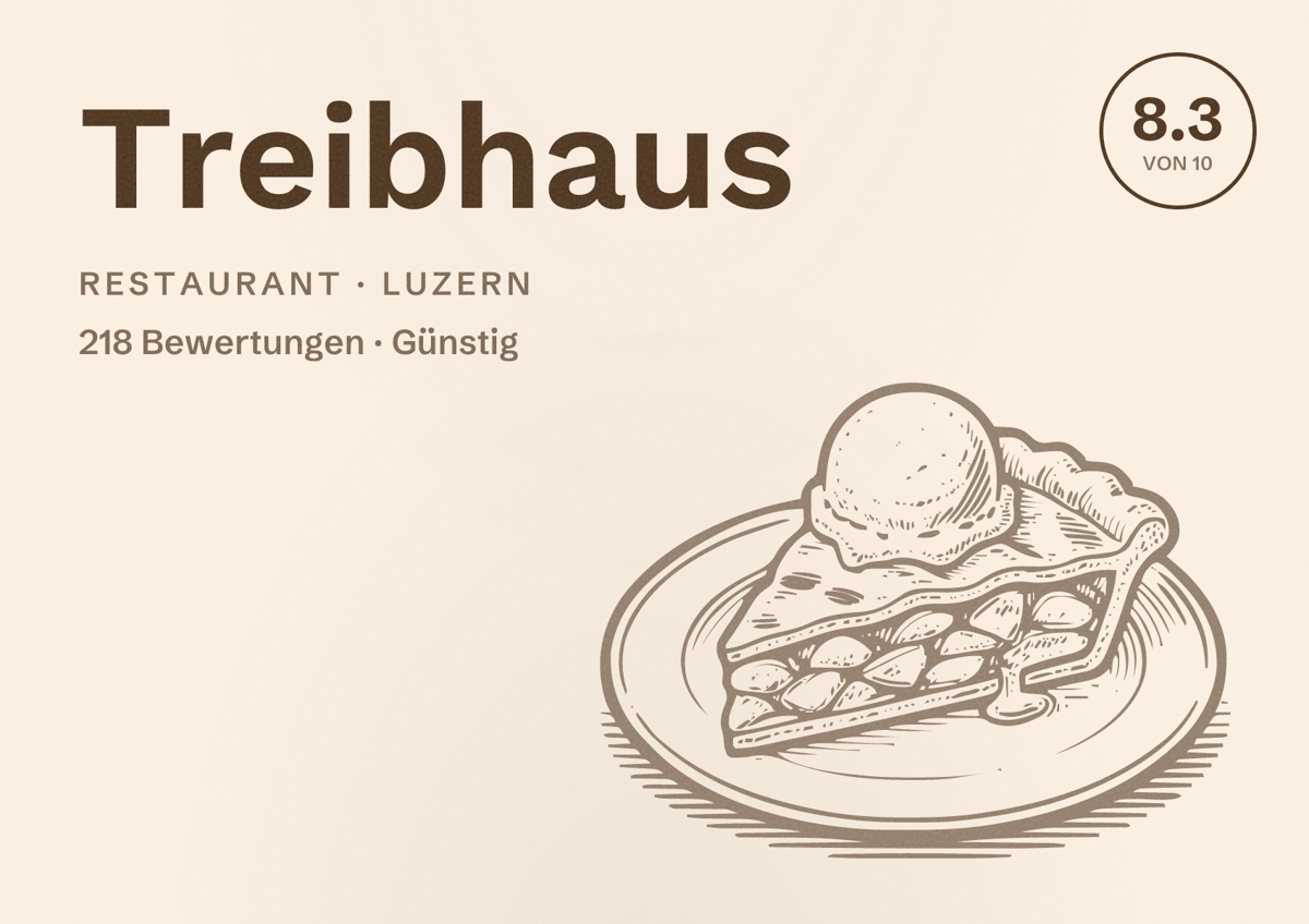 Illustriertes Poster von Treibhaus, Restaurant in Luzern: Bewertung 8.3 von 10 aus 218 Bewertungen, Preisniveau Günstig
