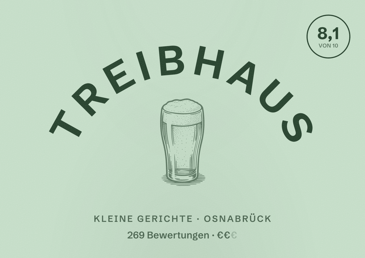 Illustriertes Poster von Treibhaus, Kleine Gerichte in Osnabrück: Bewertung 8,1 von 10 aus 269 Bewertungen, Preisniveau €€