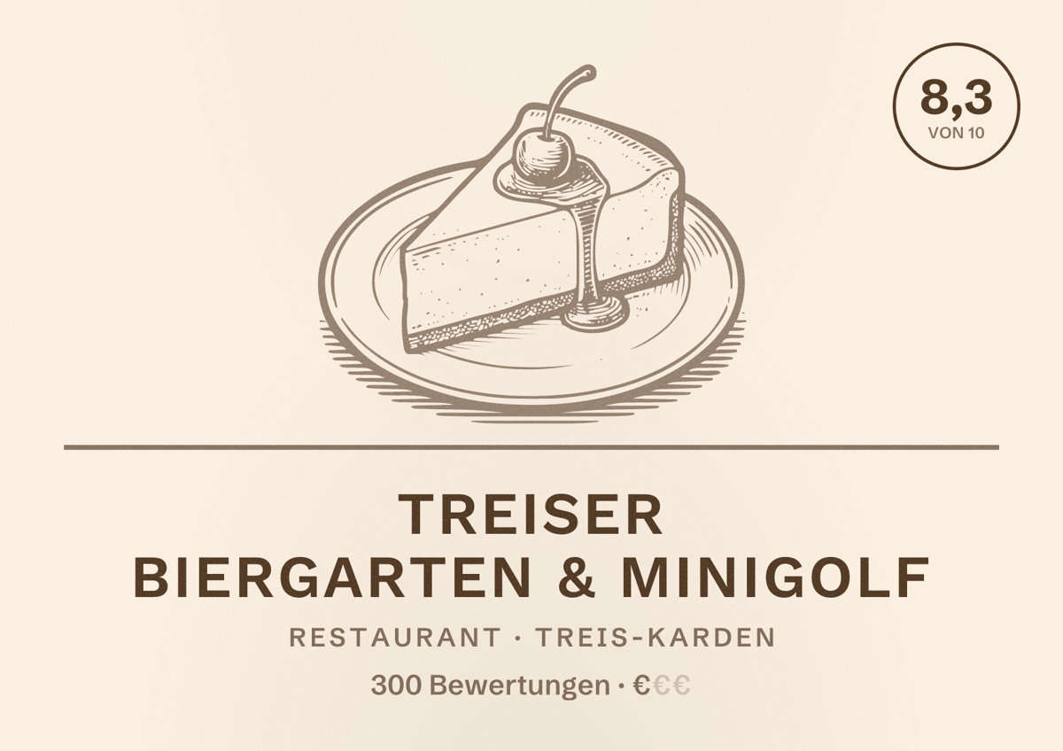 Illustriertes Poster von Treiser Biergarten & Minigolf, Restaurant in Treis-Karden: Bewertung 8,3 von 10 aus 300 Bewertungen, Preisniveau €