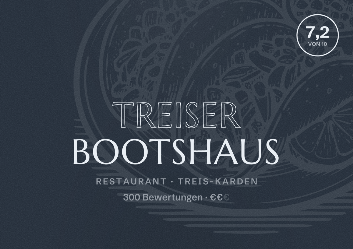 Illustriertes Poster von Treiser Bootshaus, Restaurant in Treis-Karden: Bewertung 7,2 von 10 aus 300 Bewertungen, Preisniveau €€