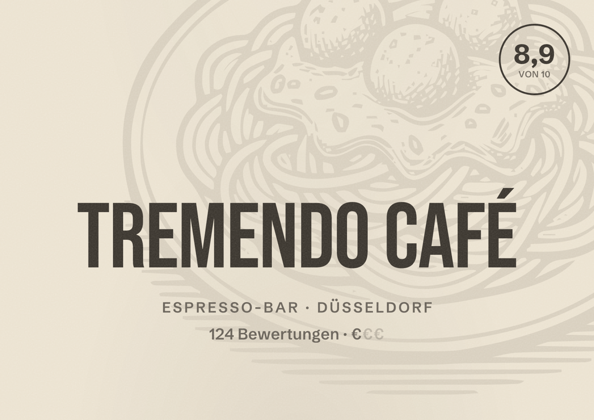 Illustriertes Poster von Tremendo Café, Espresso-Bar in Düsseldorf: Bewertung 8,9 von 10 aus 124 Bewertungen, Preisniveau €
