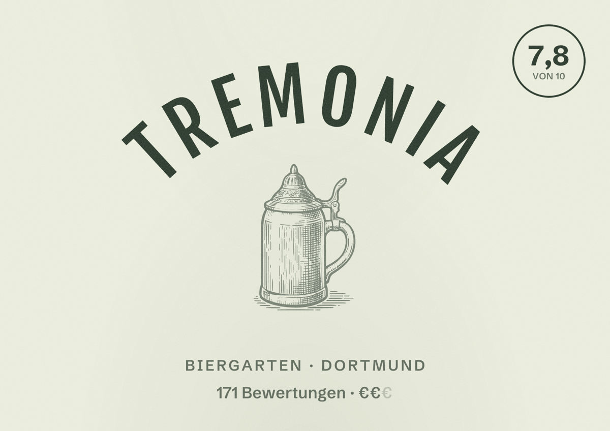 Illustriertes Poster von Tremonia, Biergarten in Dortmund: Bewertung 7,8 von 10 aus 171 Bewertungen, Preisniveau €€
