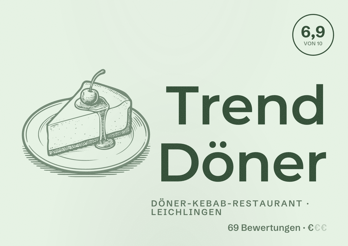 Illustriertes Poster von Trend Döner, Döner-Kebab-Restaurant in Leichlingen: Bewertung 6,9 von 10 aus 69 Bewertungen, Preisniveau €