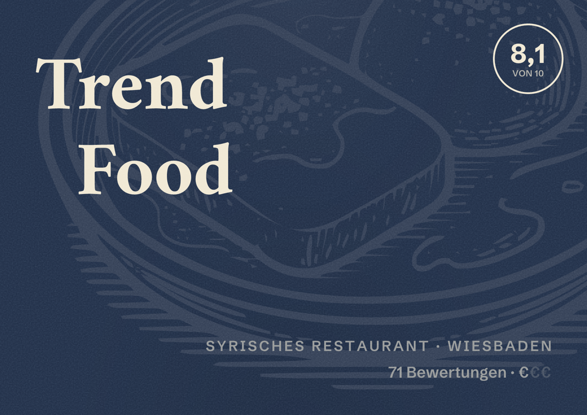 Illustriertes Poster von Trend Food, Syrisches Restaurant in Wiesbaden: Bewertung 8,1 von 10 aus 71 Bewertungen, Preisniveau €