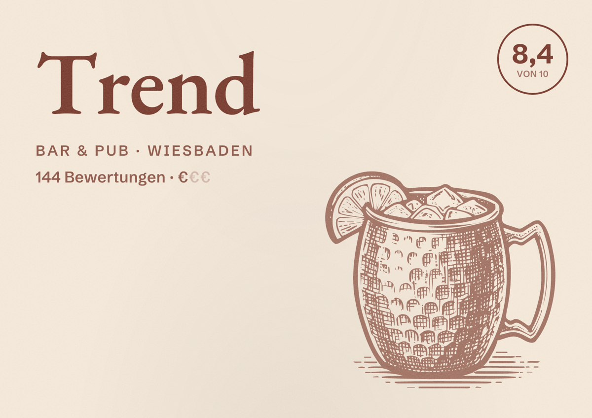 Illustriertes Poster von Trend, Bar & Pub in Wiesbaden: Bewertung 8,4 von 10 aus 144 Bewertungen, Preisniveau €