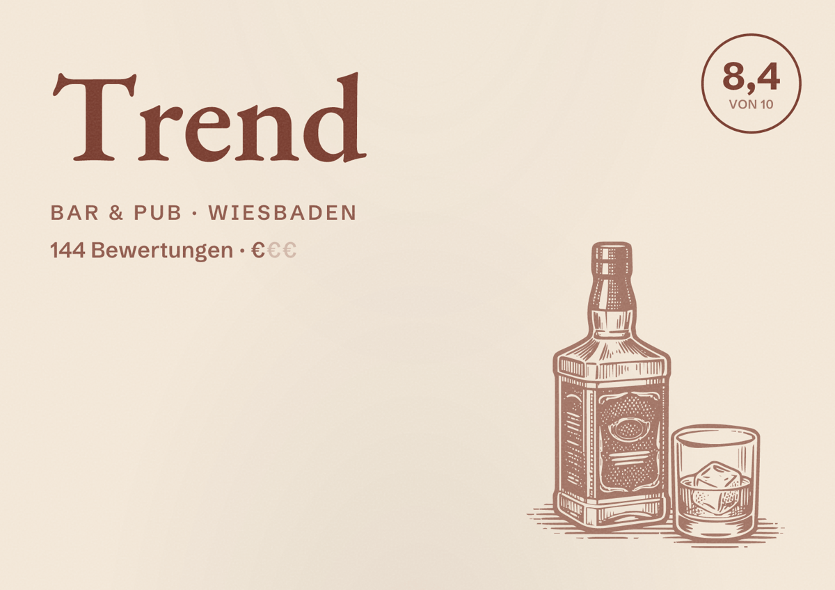 Illustriertes Poster von Trend, Bar & Pub in Wiesbaden: Bewertung 8,4 von 10 aus 144 Bewertungen, Preisniveau €
