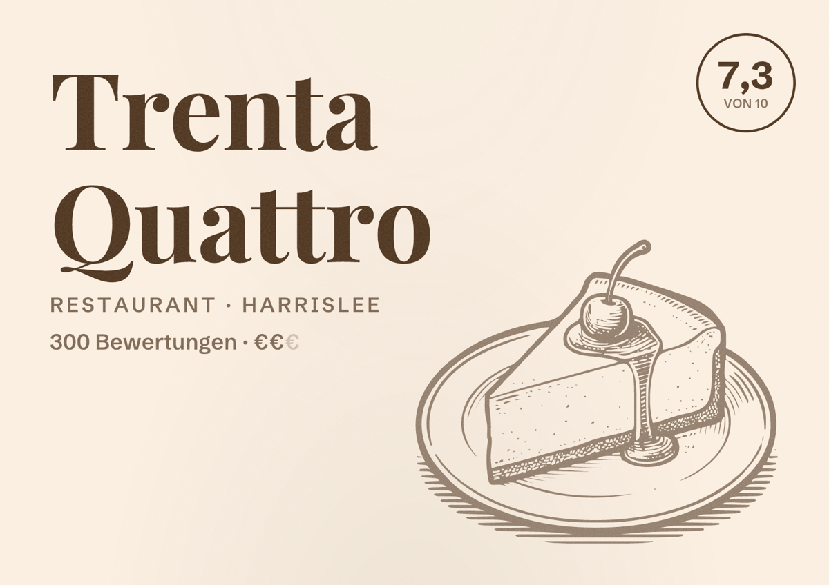 Illustriertes Poster von Trenta Quattro, Restaurant in Harrislee: Bewertung 7,3 von 10 aus 300 Bewertungen, Preisniveau €€
