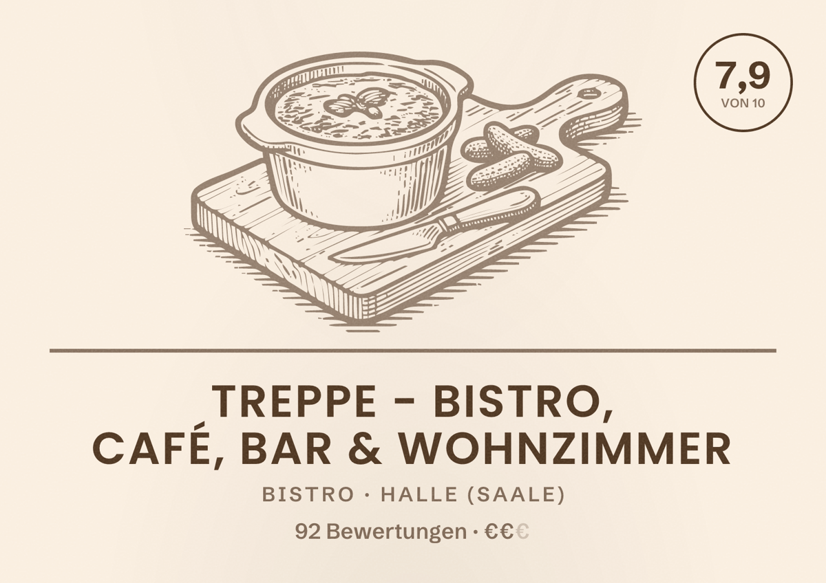 Illustriertes Poster von TREPPE - Bistro, Café, Bar & Wohnzimmer, Bistro in Halle (Saale): Bewertung 7,9 von 10 aus 92 Bewertungen, Preisniveau €€