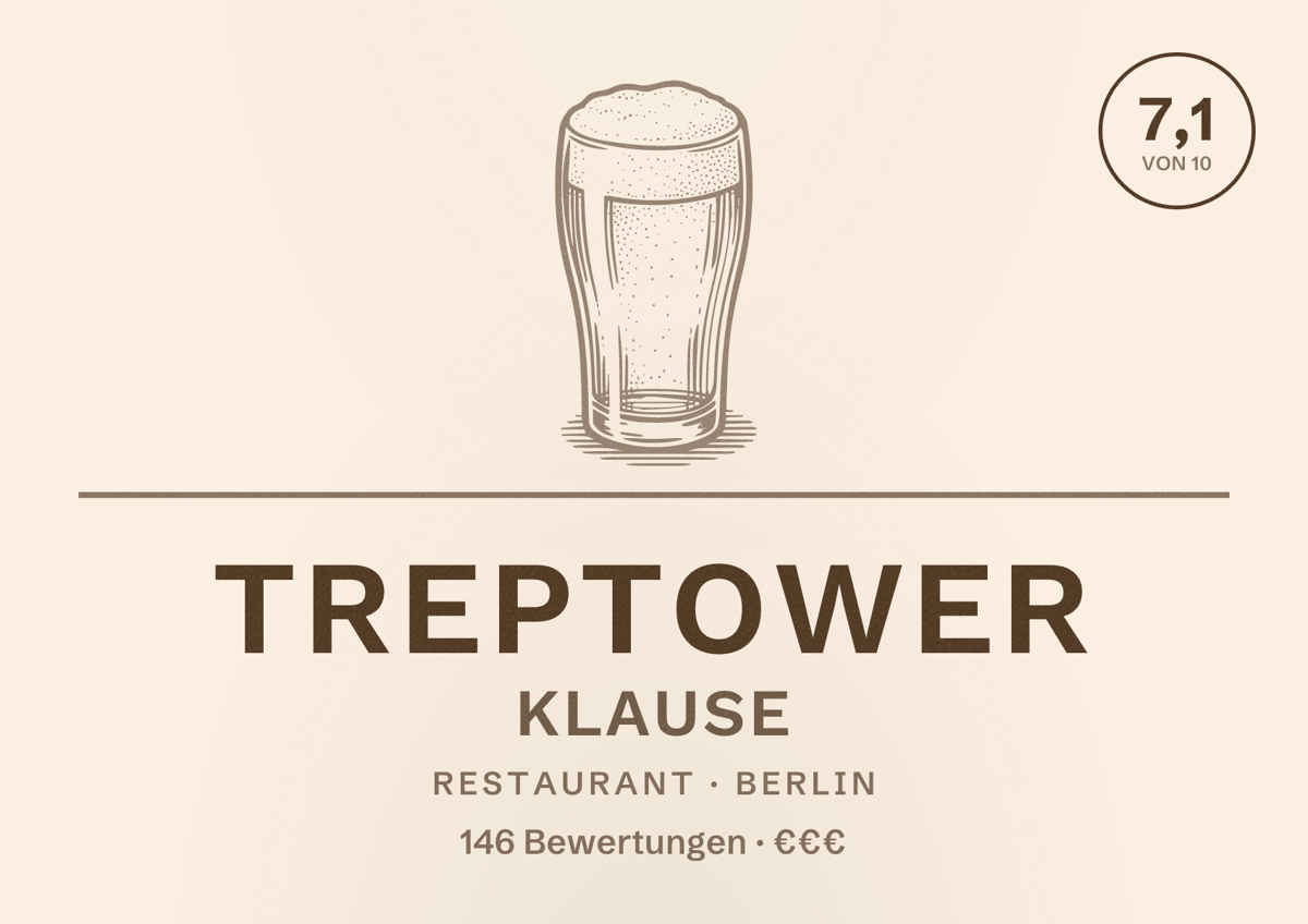 Illustriertes Poster von Treptower Klause, Restaurant in Berlin: Bewertung 7,1 von 10 aus 146 Bewertungen, Preisniveau €€€