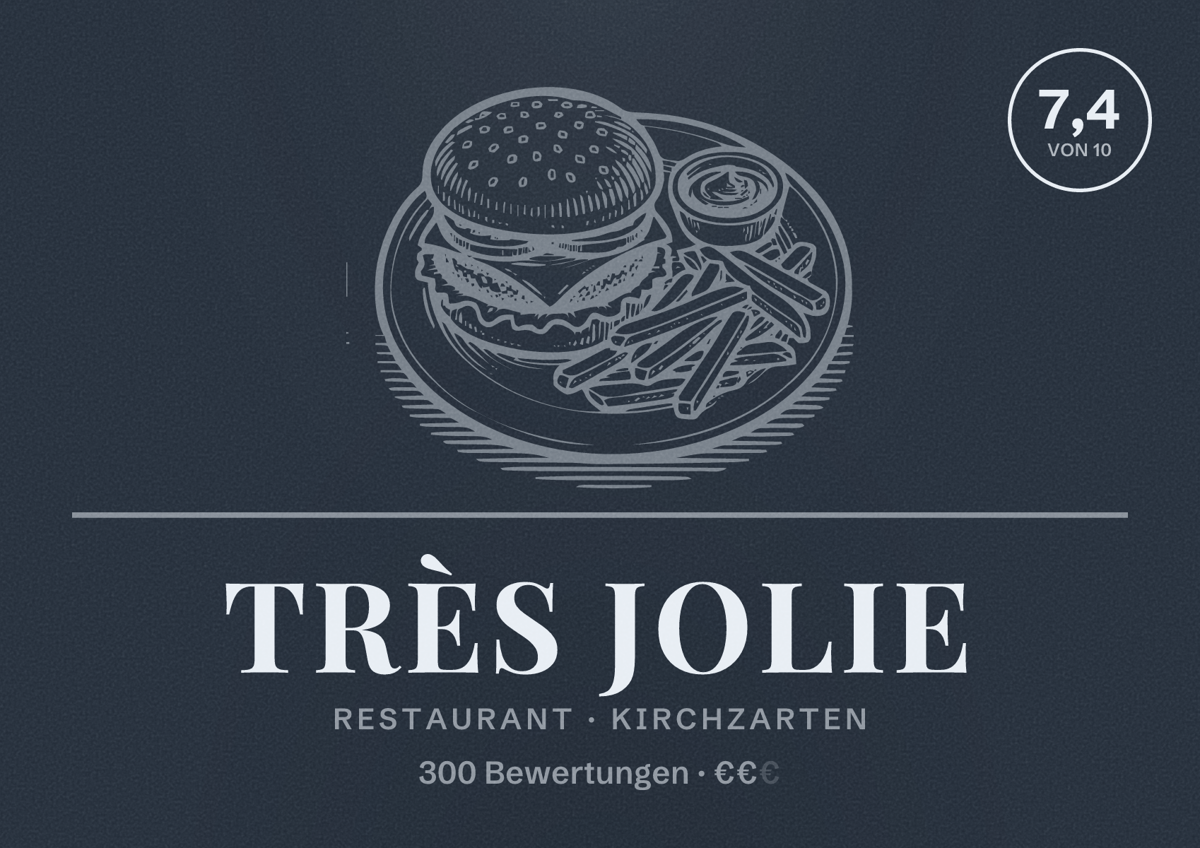 Illustriertes Poster von Très Jolie, Restaurant in Kirchzarten: Bewertung 7,4 von 10 aus 300 Bewertungen, Preisniveau €€
