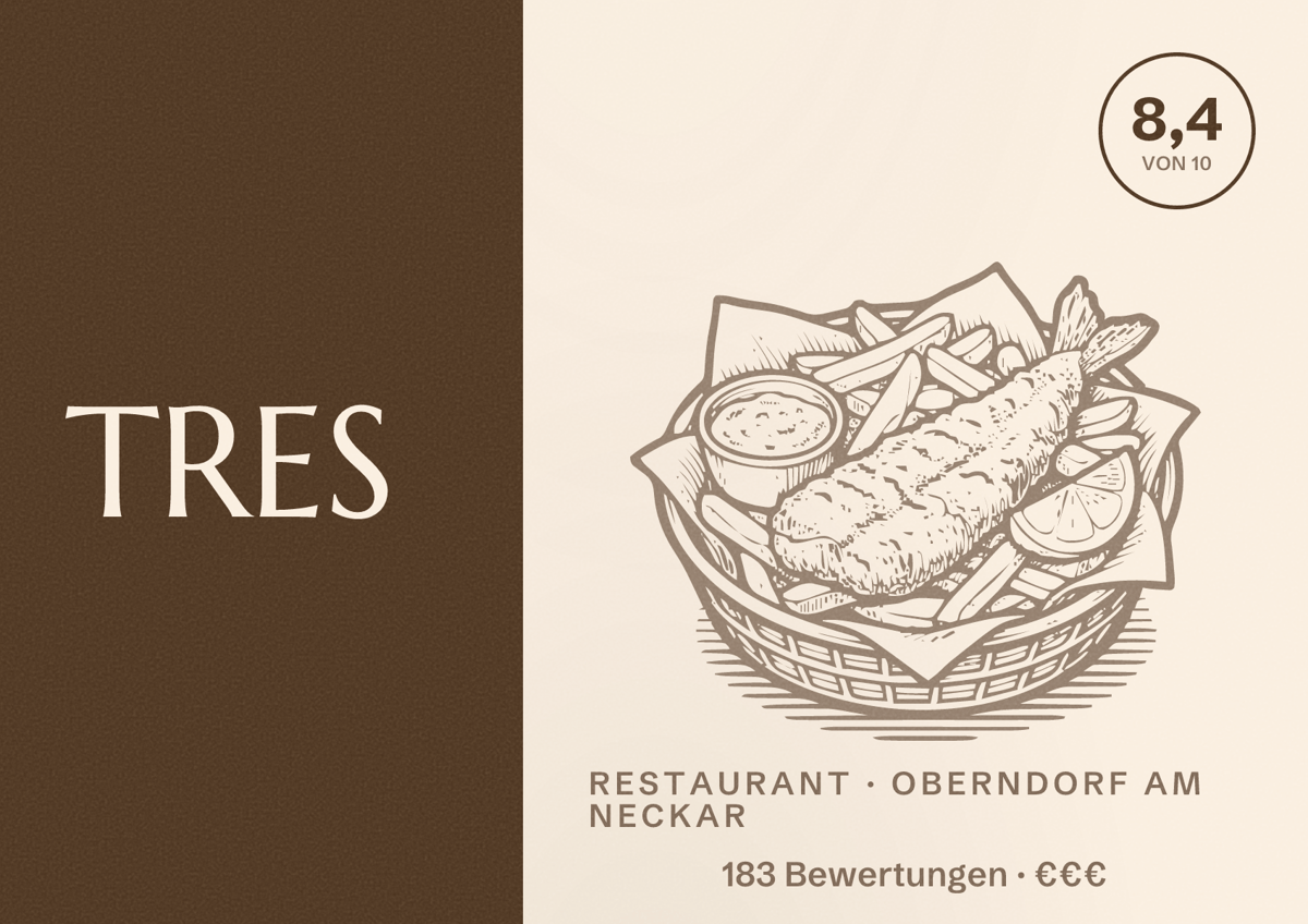 Illustriertes Poster von TRES, Restaurant in Oberndorf am Neckar: Bewertung 8,4 von 10 aus 183 Bewertungen, Preisniveau €€€