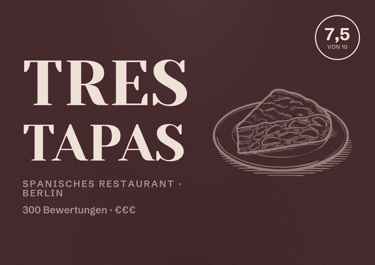 Illustriertes Poster von Tres Tapas, Spanisches Restaurant in Berlin: Bewertung 7,5 von 10 aus 300 Bewertungen, Preisniveau €€€
