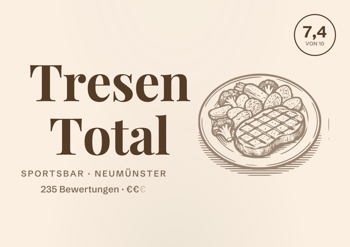 Illustriertes Poster von Tresen Total, Sportsbar in Neumünster: Bewertung 7,4 von 10 aus 235 Bewertungen, Preisniveau €€
