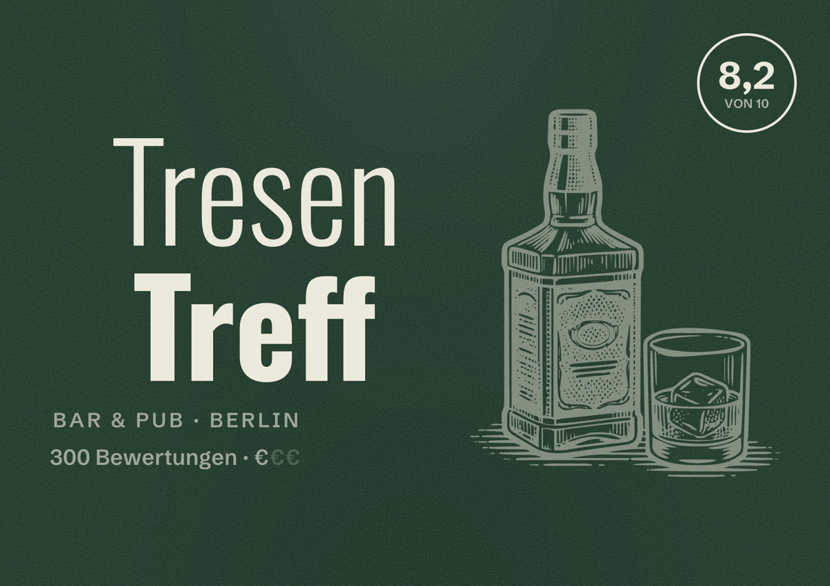 Illustriertes Poster von Tresen Treff, Bar & Pub in Berlin: Bewertung 8,2 von 10 aus 300 Bewertungen, Preisniveau €