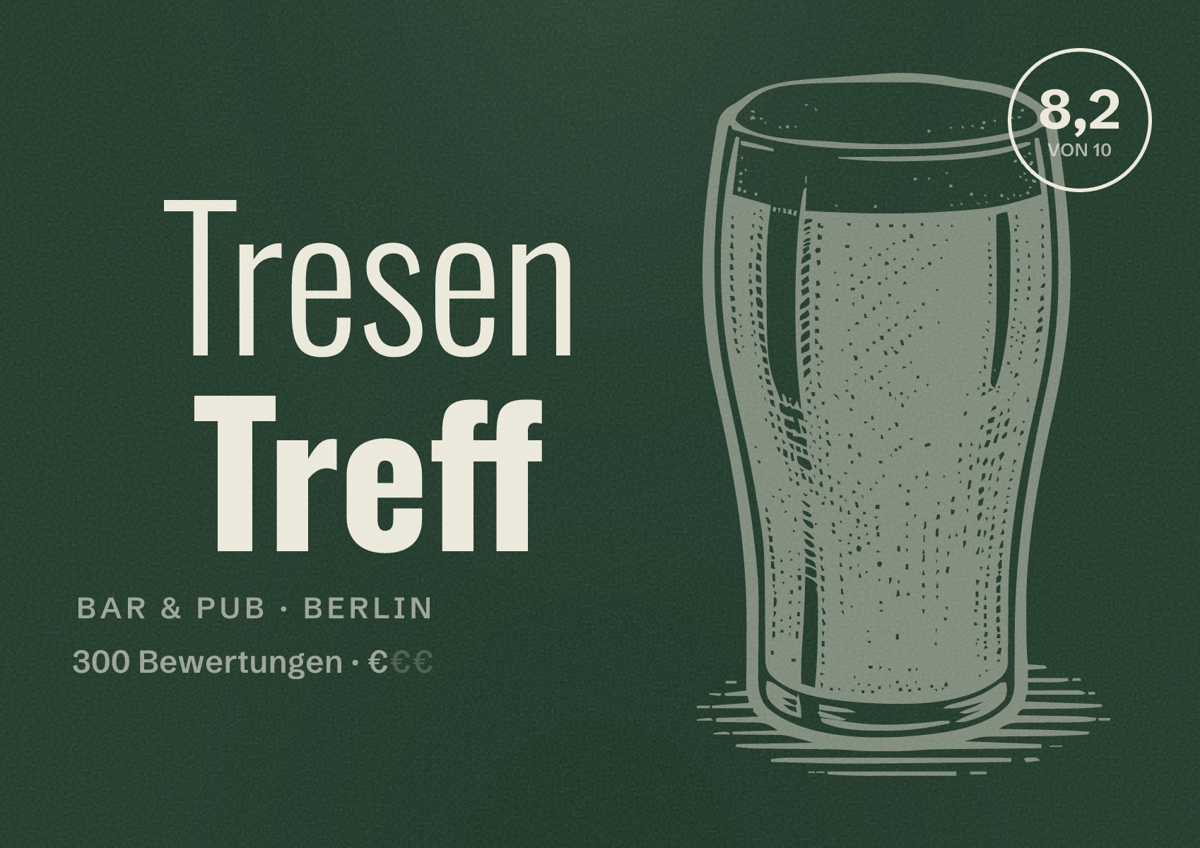 Illustriertes Poster von Tresen Treff, Bar & Pub in Berlin: Bewertung 8,2 von 10 aus 300 Bewertungen, Preisniveau €