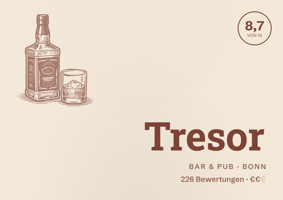 Illustriertes Poster von Tresor, Bar & Pub in Bonn: Bewertung 8,2 von 10 aus 119 Bewertungen, Preisniveau €