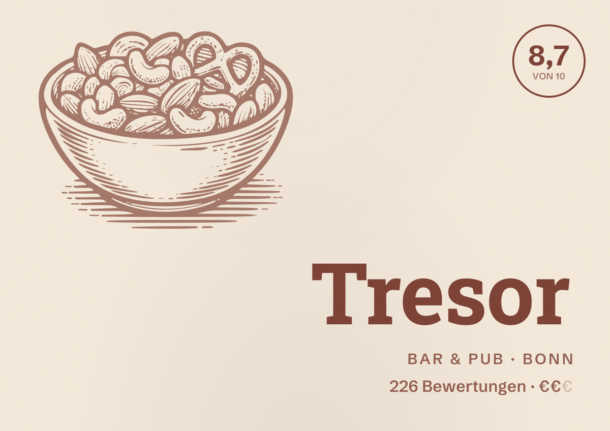 Illustriertes Poster von Tresor, Bar & Pub in Bonn: Bewertung 8,7 von 10 aus 226 Bewertungen, Preisniveau €€