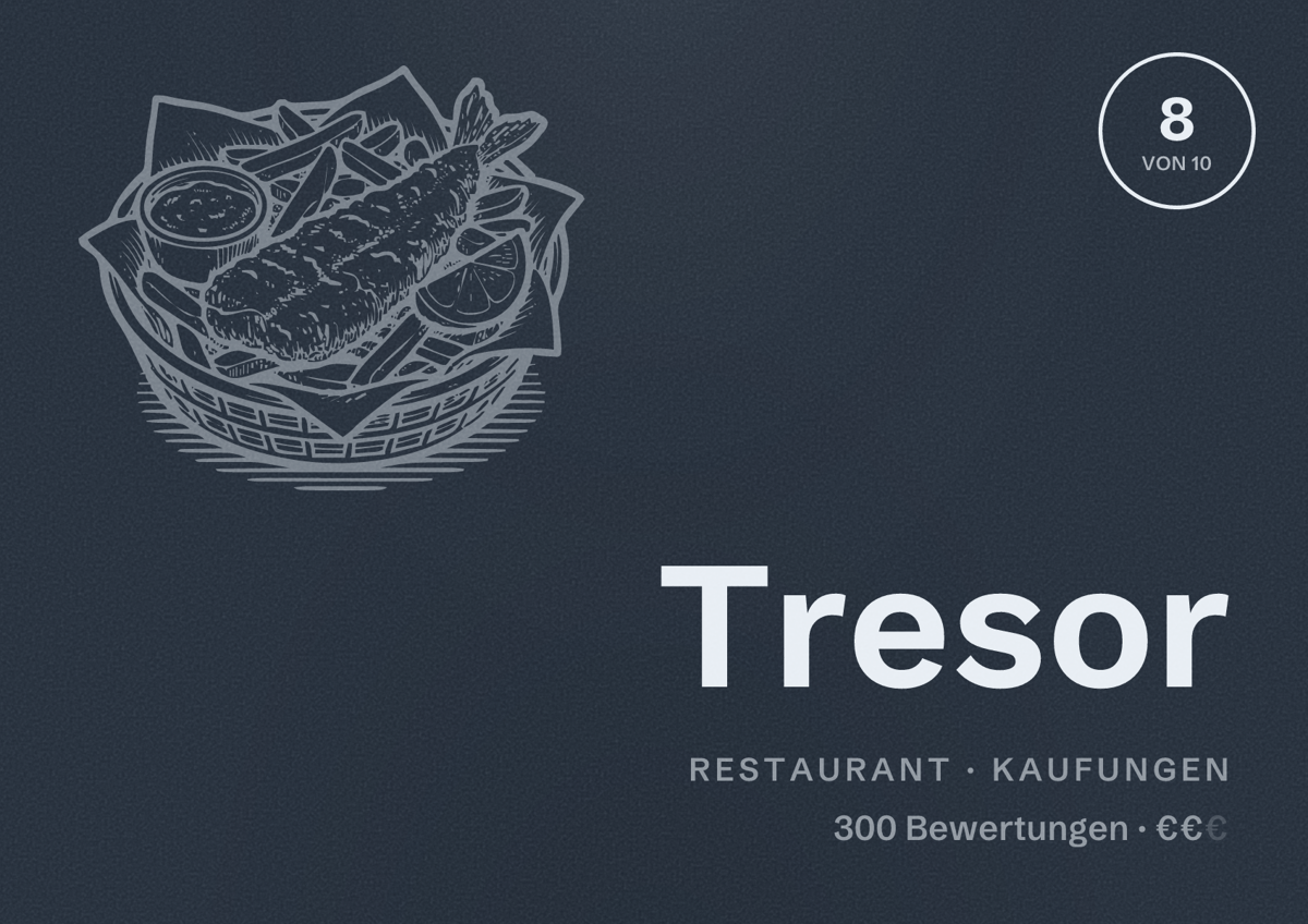 Illustriertes Poster von Tresor, Restaurant in Kaufungen: Bewertung 8 von 10 aus 300 Bewertungen, Preisniveau €€