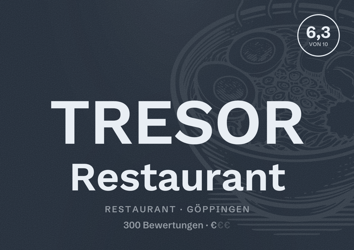Illustriertes Poster von TRESOR Restaurant, Restaurant in Göppingen: Bewertung 6,3 von 10 aus 300 Bewertungen, Preisniveau €