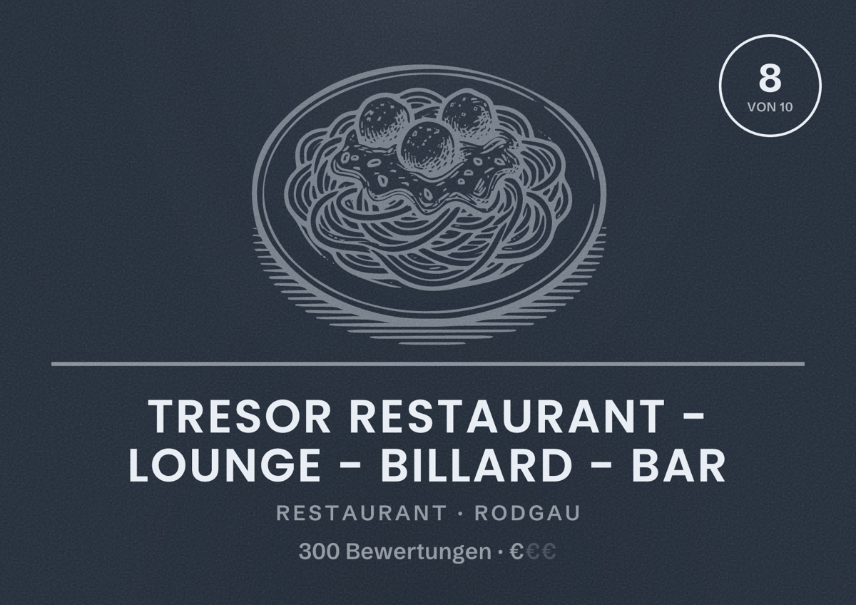 Illustriertes Poster von Tresor Restaurant - Lounge - Billard - Bar, Restaurant in Rodgau: Bewertung 8 von 10 aus 300 Bewertungen, Preisniveau €