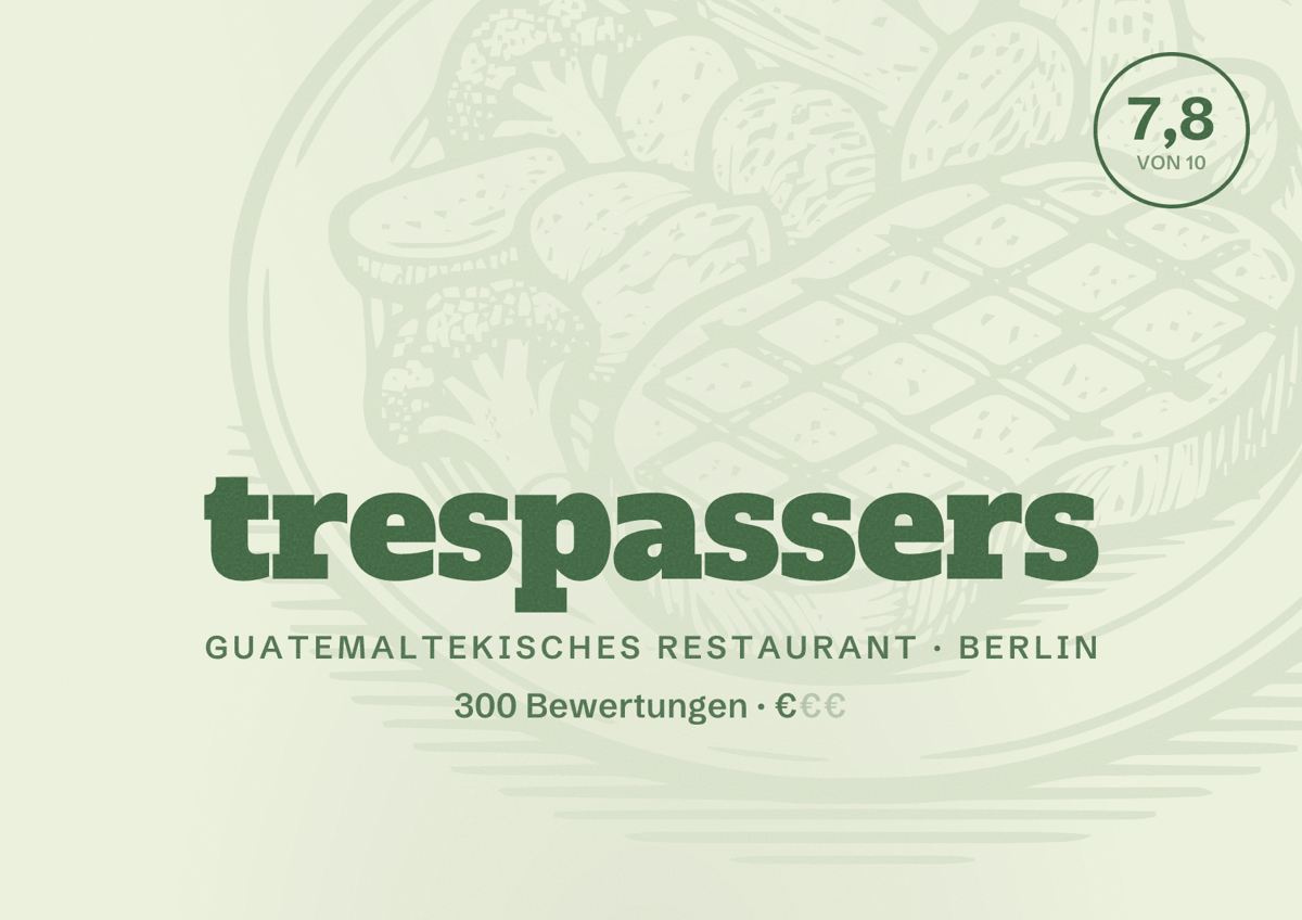 Illustriertes Poster von trespassers, Guatemaltekisches Restaurant in Berlin: Bewertung 7,8 von 10 aus 300 Bewertungen, Preisniveau €