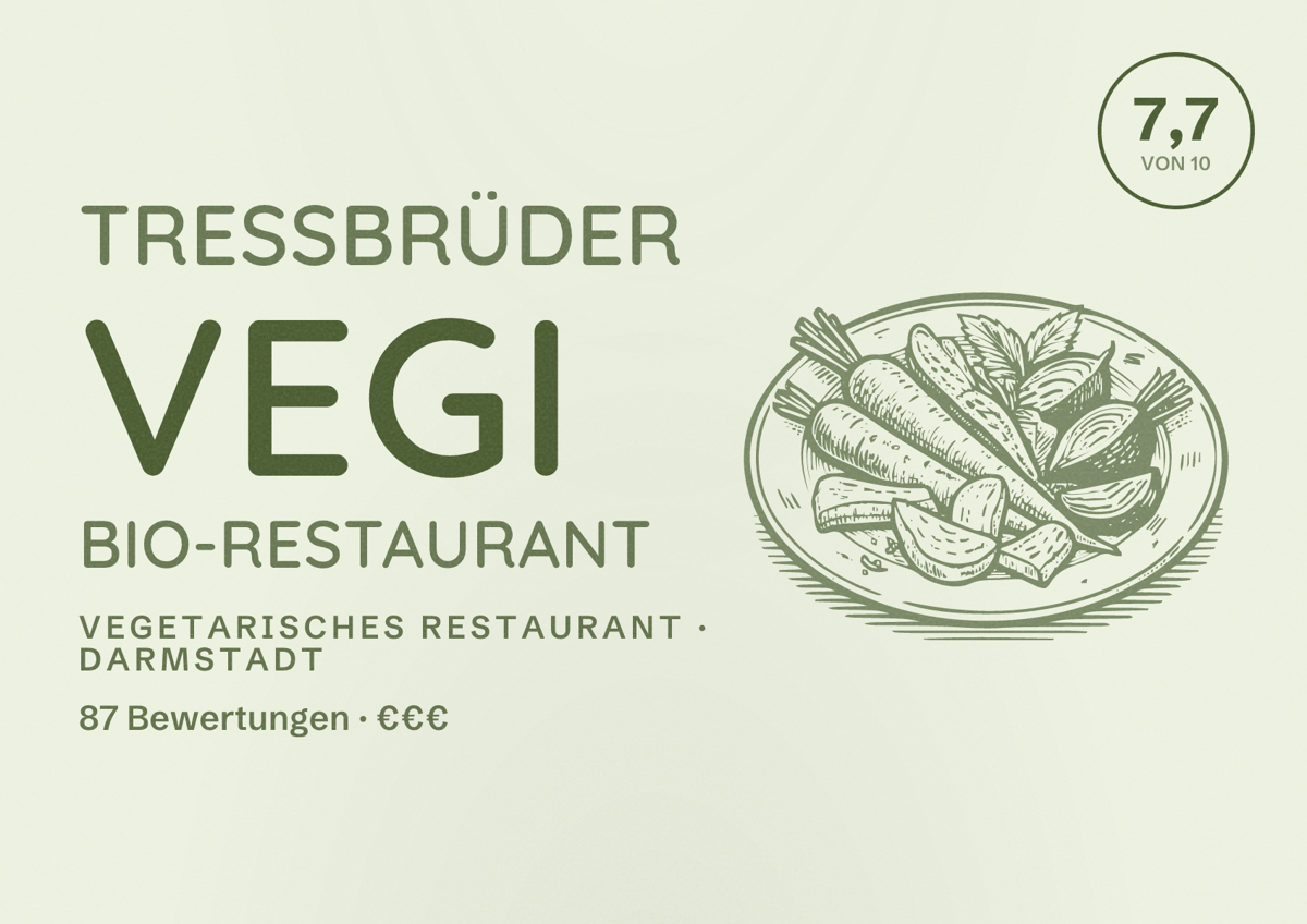 Illustriertes Poster von TressBrüder Vegi BIO-Restaurant, Vegetarisches Restaurant in Darmstadt: Bewertung 7,7 von 10 aus 87 Bewertungen, Preisniveau €€€