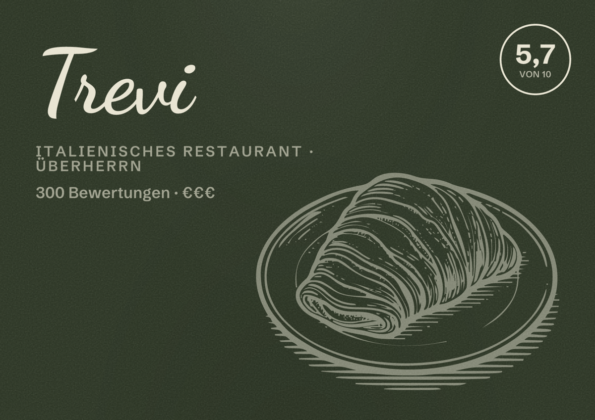 Illustriertes Poster von Trevi, Italienisches Restaurant in Überherrn: Bewertung 5,7 von 10 aus 300 Bewertungen, Preisniveau €€€