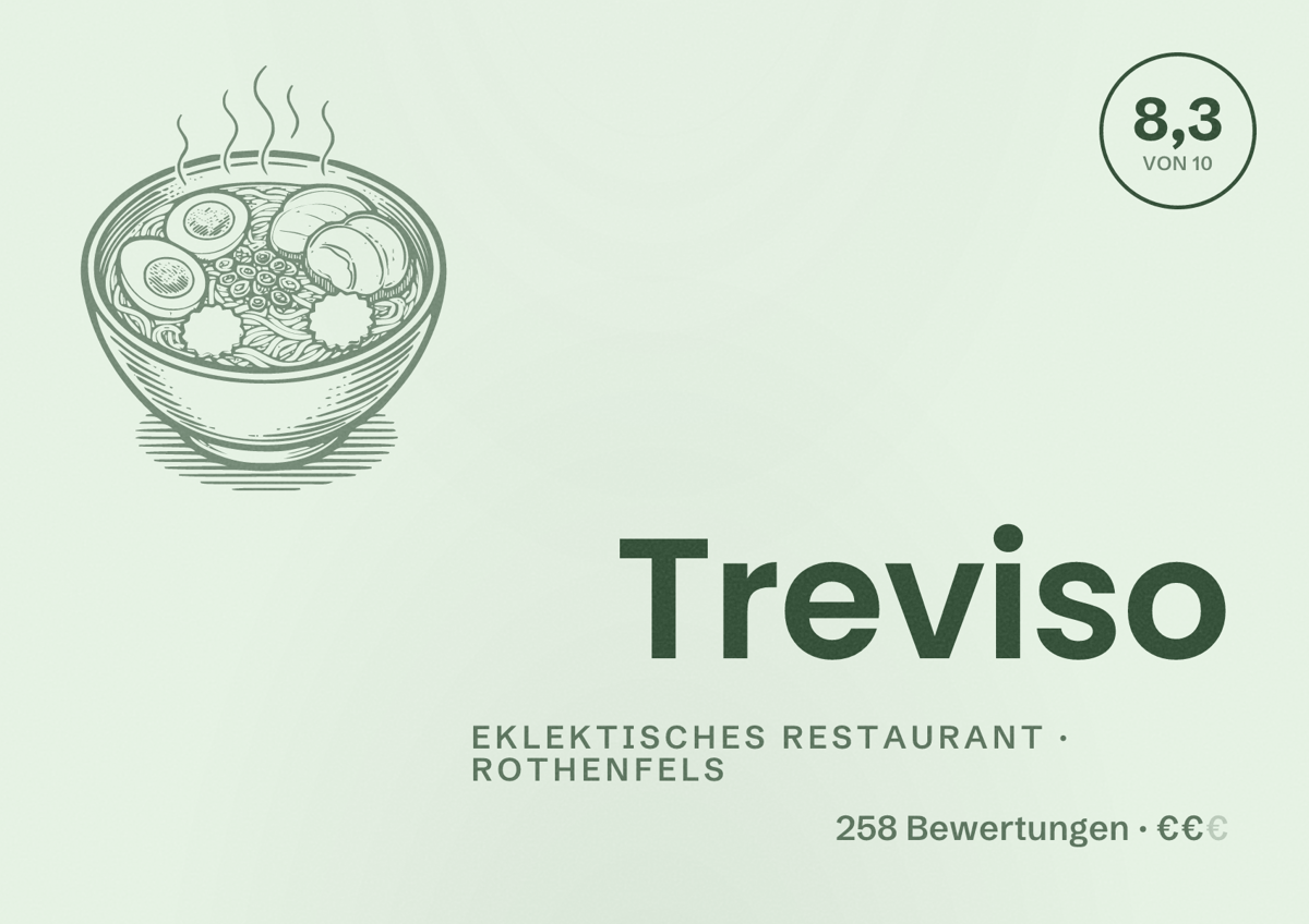 Illustriertes Poster von Treviso, Eklektisches Restaurant in Rothenfels: Bewertung 8,3 von 10 aus 258 Bewertungen, Preisniveau €€