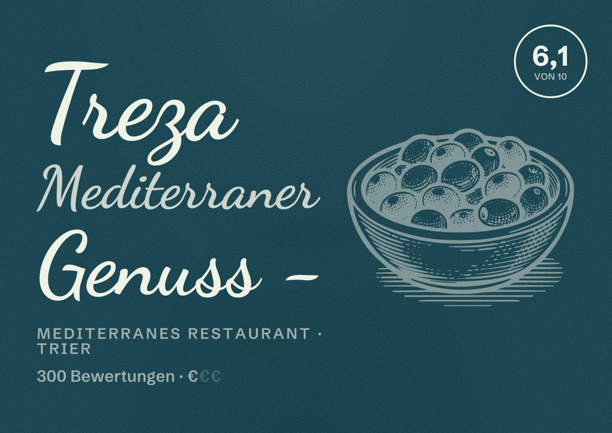 Illustriertes Poster von Treza Mediterraner Genuss -, Mediterranes Restaurant in Trier: Bewertung 6,1 von 10 aus 300 Bewertungen, Preisniveau €