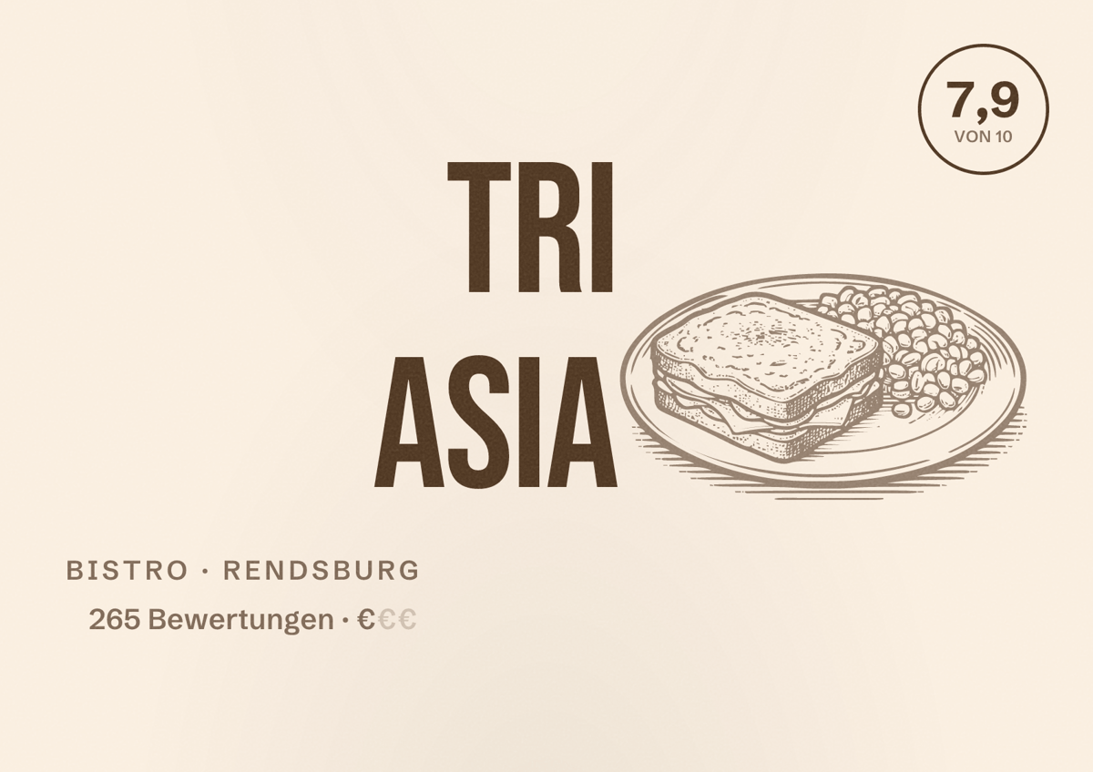 Illustriertes Poster von Tri Asia, Bistro in Rendsburg: Bewertung 7,9 von 10 aus 265 Bewertungen, Preisniveau €
