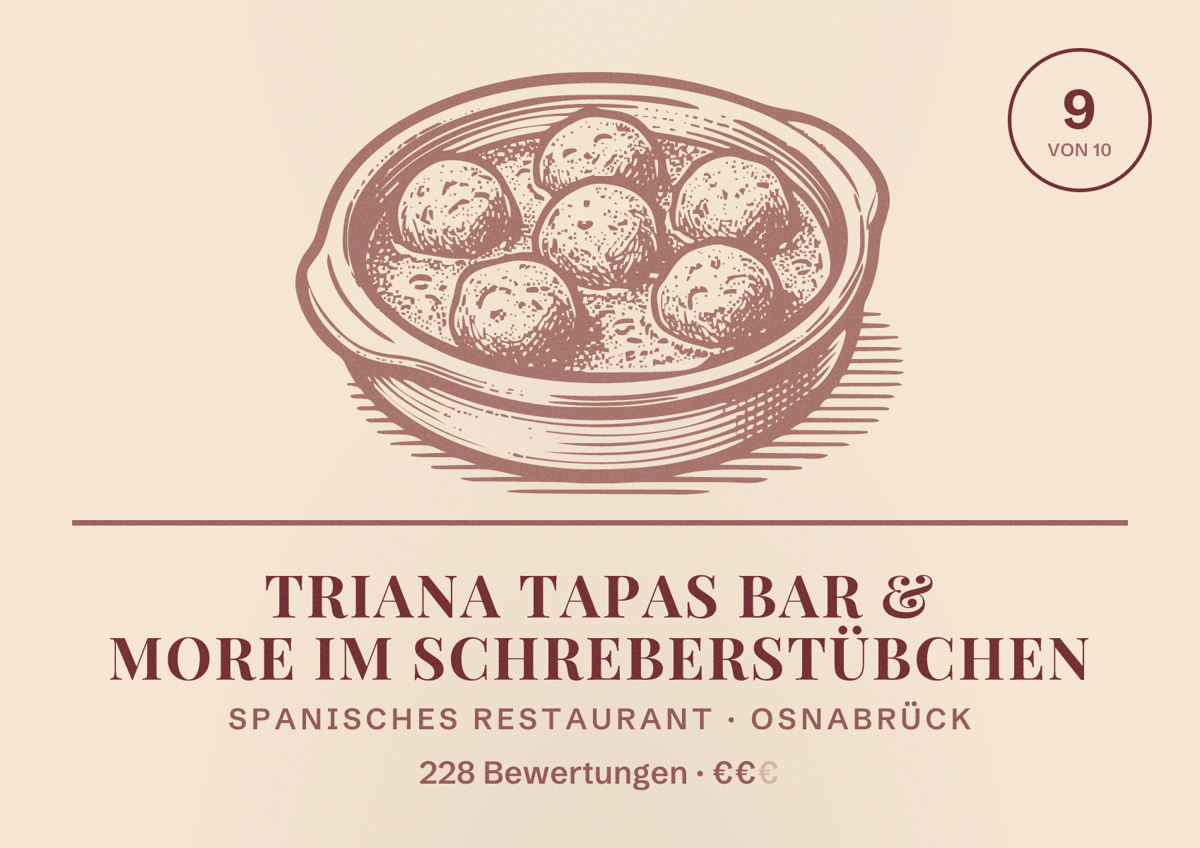 Illustriertes Poster von Triana TAPAS BAR & more Im Schreberstübchen, Spanisches Restaurant in Osnabrück: Bewertung 9 von 10 aus 228 Bewertungen, Preisniveau €€
