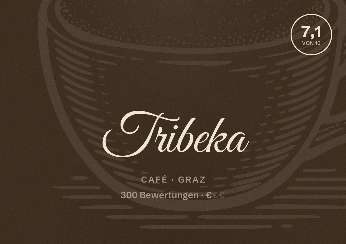 Illustriertes Poster von Tribeka, Café in Graz: Bewertung 7,1 von 10 aus 300 Bewertungen, Preisniveau €