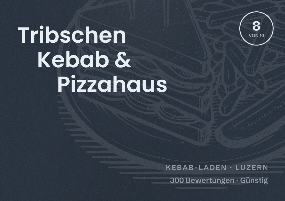 Illustriertes Poster von Tribschen Kebab & Pizzahaus, Kebab-Laden in Luzern: Bewertung 8 von 10 aus 300 Bewertungen, Preisniveau Günstig