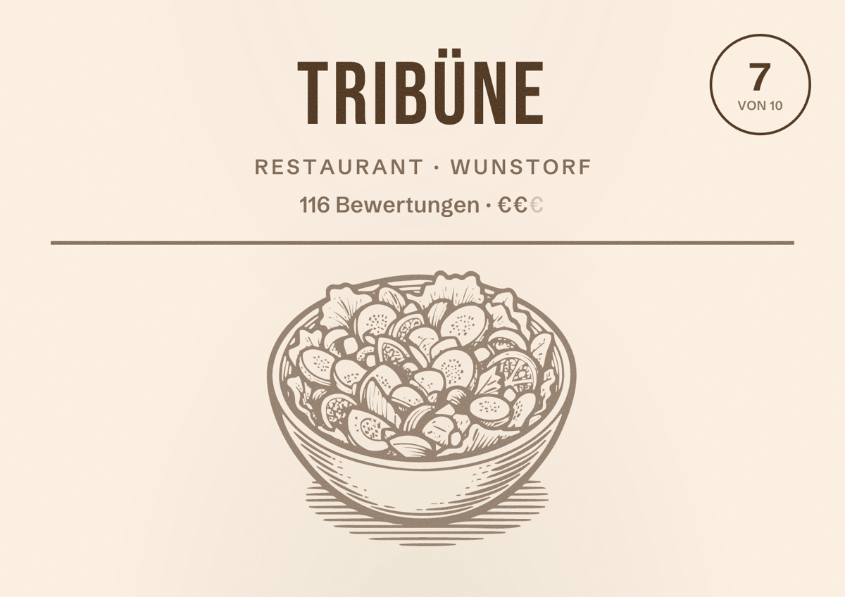 Illustriertes Poster von Tribüne, Restaurant in Wunstorf: Bewertung 7 von 10 aus 116 Bewertungen, Preisniveau €€