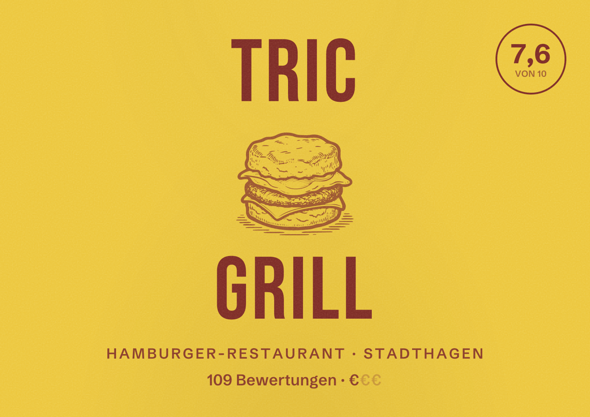Illustriertes Poster von TriC Grill, Hamburger-Restaurant in Stadthagen: Bewertung 7,6 von 10 aus 109 Bewertungen, Preisniveau €