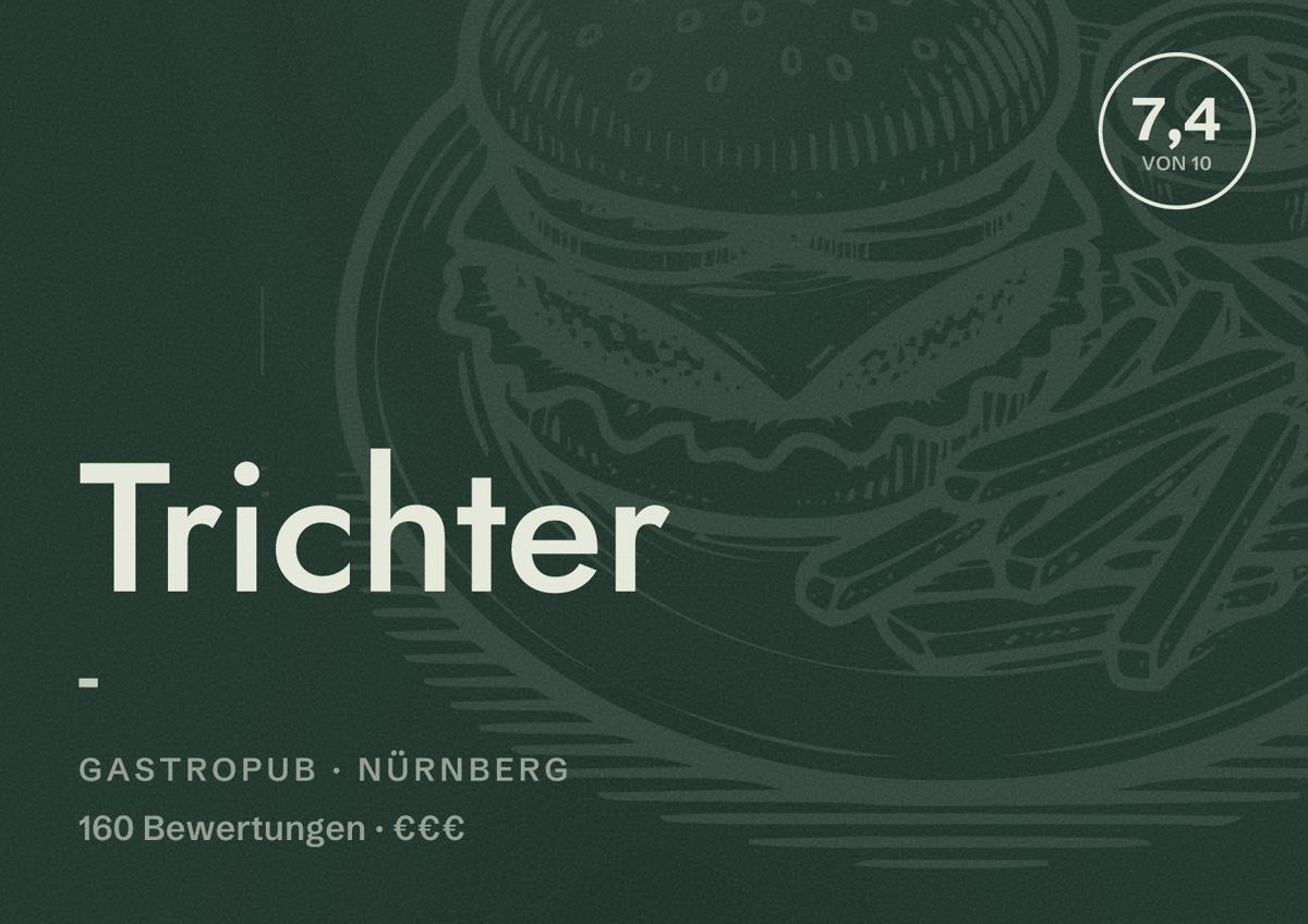 Illustriertes Poster von Trichter -, Gastropub in Nürnberg: Bewertung 7,4 von 10 aus 160 Bewertungen, Preisniveau €€€