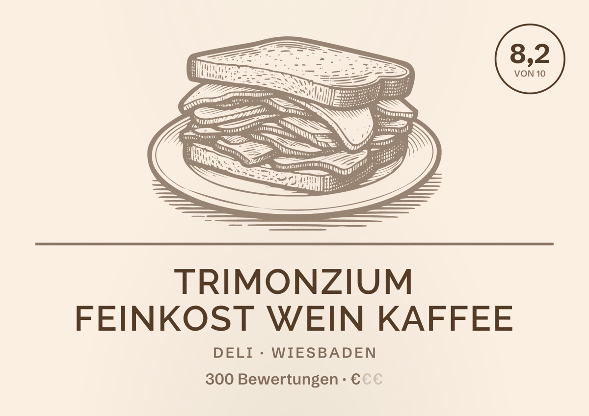 Illustriertes Poster von TRIMONZIUM FEINKOST WEIN KAFFEE, Deli in Wiesbaden: Bewertung 8,2 von 10 aus 300 Bewertungen, Preisniveau €