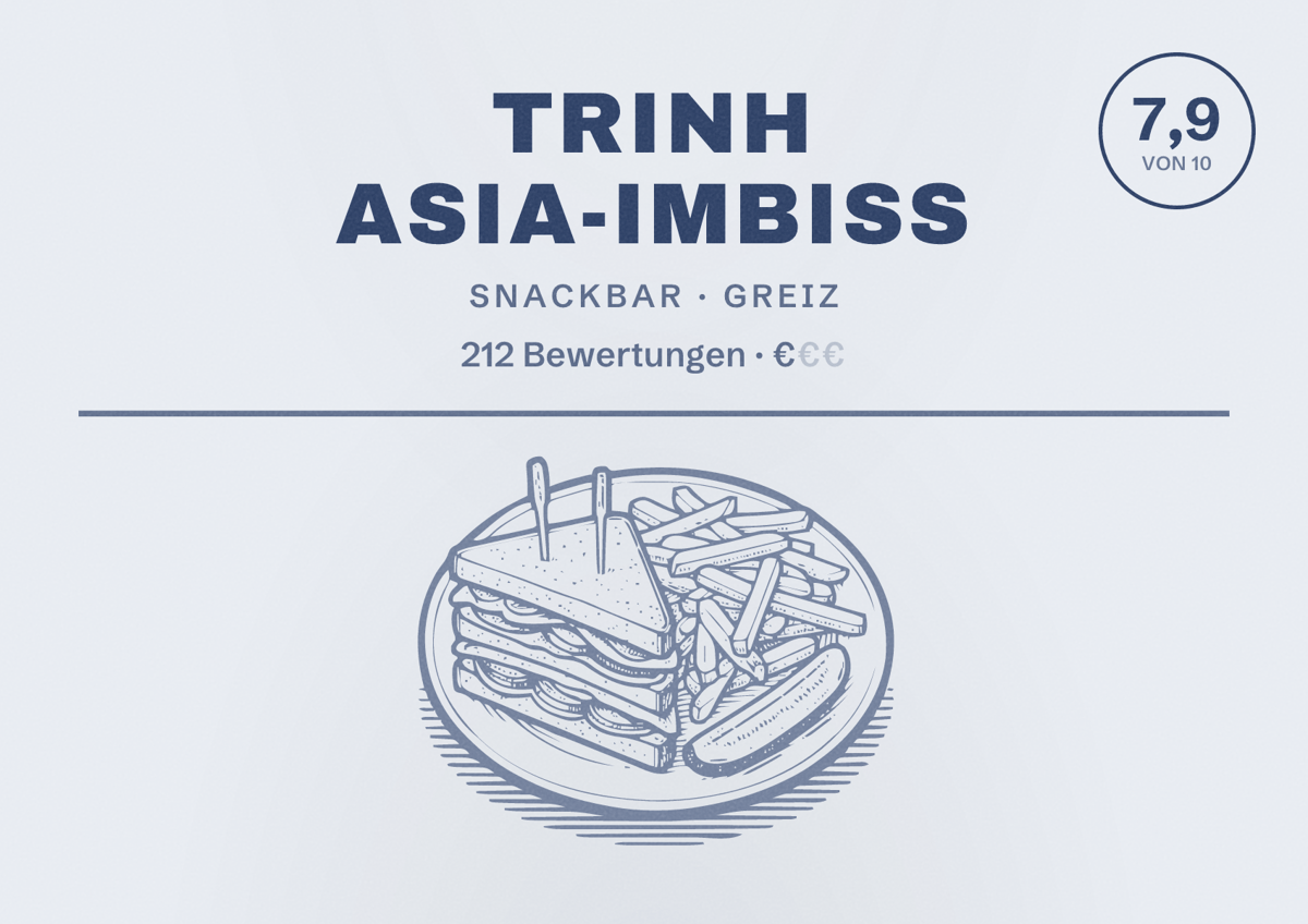 Illustriertes Poster von Trinh Asia-Imbiss, Snackbar in Greiz: Bewertung 7,9 von 10 aus 212 Bewertungen, Preisniveau €