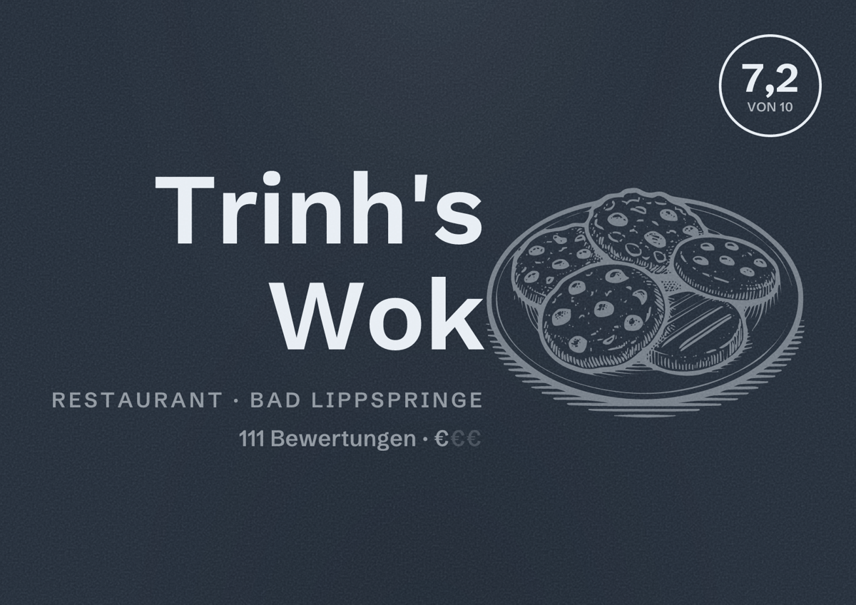 Illustriertes Poster von Trinh's Wok, Restaurant in Bad Lippspringe: Bewertung 7,2 von 10 aus 111 Bewertungen, Preisniveau €