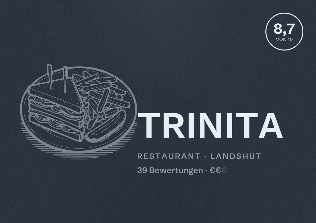 Illustriertes Poster von TRINITA, Restaurant in Landshut: Bewertung 8,7 von 10 aus 39 Bewertungen, Preisniveau €€