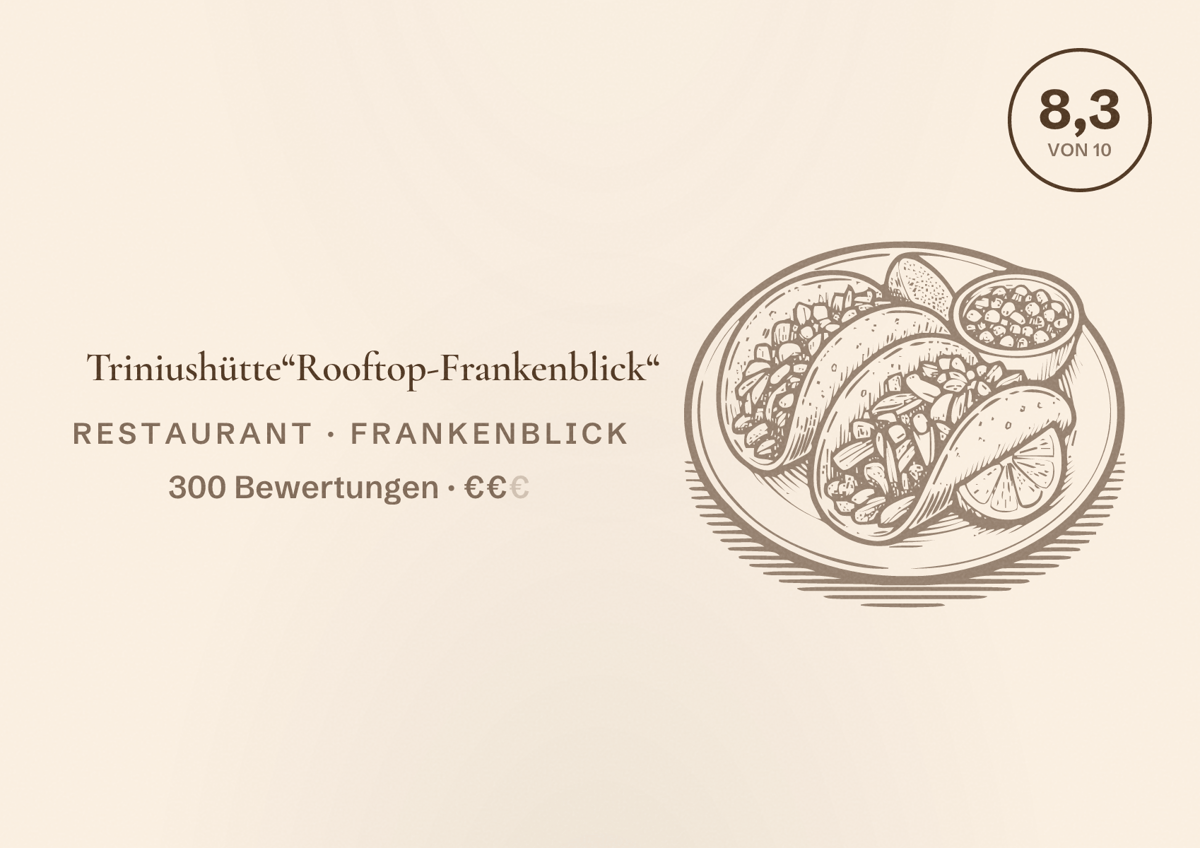 Illustriertes Poster von Triniushütte“Rooftop-Frankenblick“, Restaurant in Frankenblick: Bewertung 8,3 von 10 aus 300 Bewertungen, Preisniveau €€