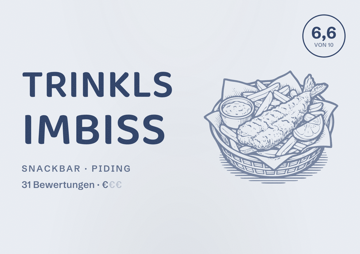 Illustriertes Poster von Trinkls Imbiss, Snackbar in Piding: Bewertung 6,6 von 10 aus 31 Bewertungen, Preisniveau €