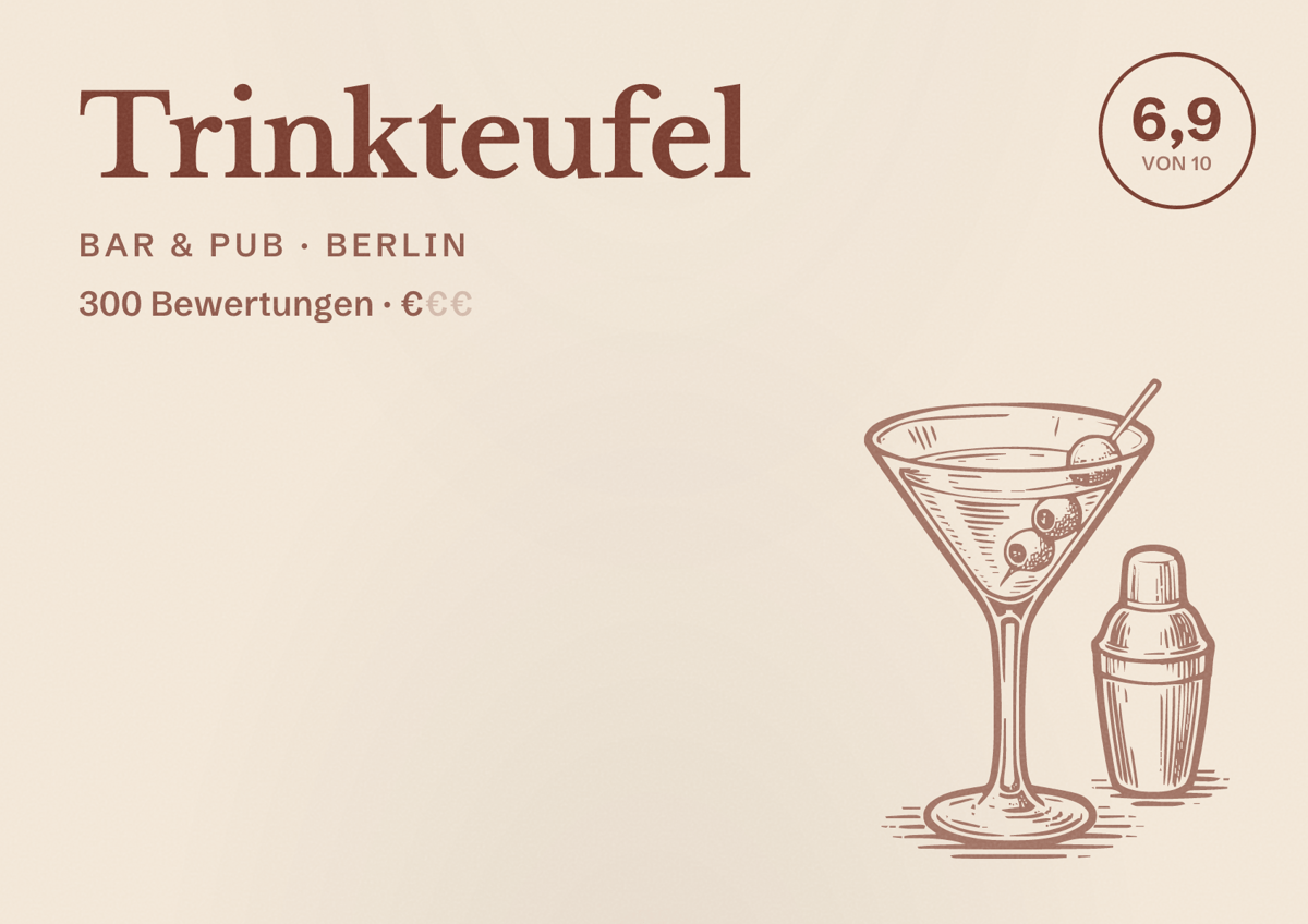 Illustriertes Poster von Trinkteufel, Bar & Pub in Berlin: Bewertung 6,9 von 10 aus 300 Bewertungen, Preisniveau €